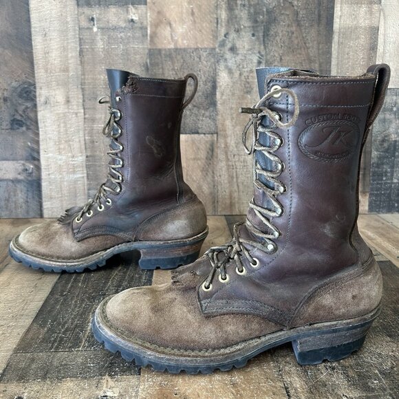 JK Spokane WA Custom Logger Plain Toe Lace Up Work Boots Mens 9 D - Picture 1 of 12